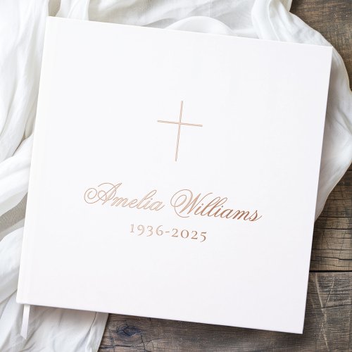 Simple cross loving memory funeral memorial white foil guest book 