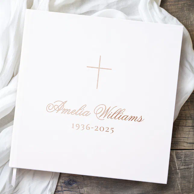 Simple cross loving memory funeral memorial white foil guest book | Zazzle