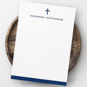 Simple cross masculine name dark blue border flat note card