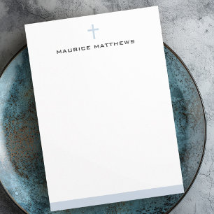 Simple cross masculine name dusty blue border flat note card