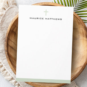 Simple cross name light sage green border flat note card
