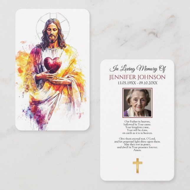 Simple Cross Photo Funeral Memorial Prayer Card (Front/Back)