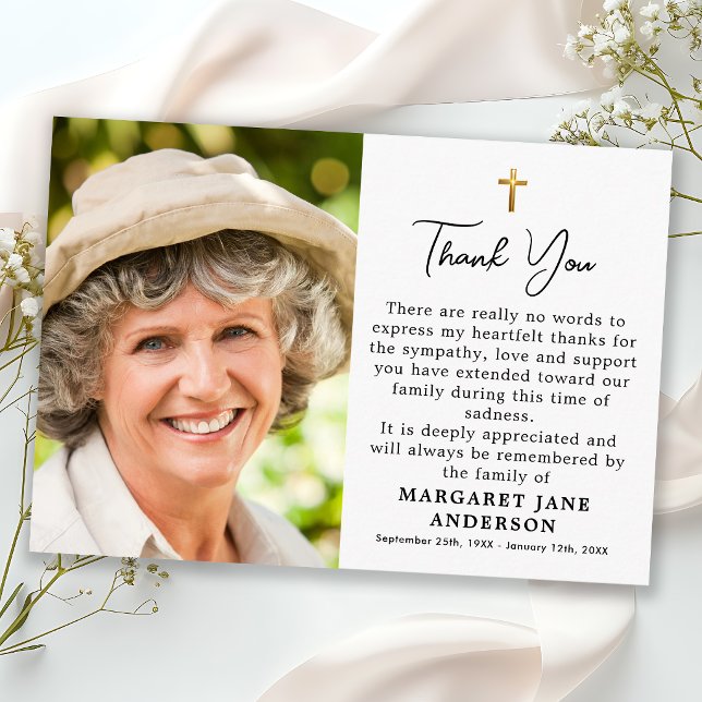 Simple Cross Photo Personalized Message Funeral Thank You Card (Creator Uploaded)