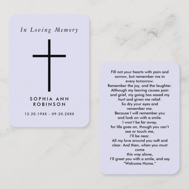 Simple Cross Purple Lavender Memorial Modern Card (Front/Back)