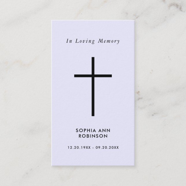 Simple Cross Purple Lavender Memorial Prayer Card (Front)