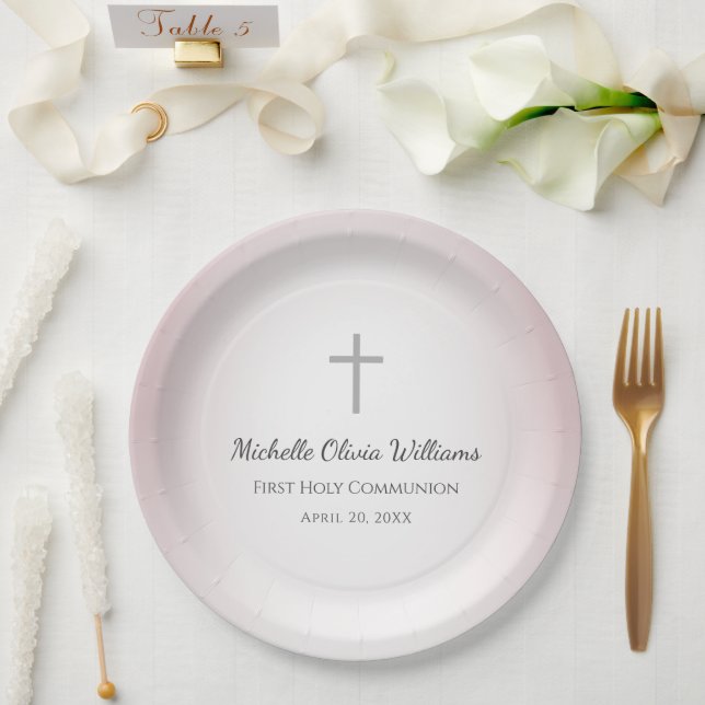 Simple Cross Rose Gold First Communion Celebration Paper Plates (Wedding)