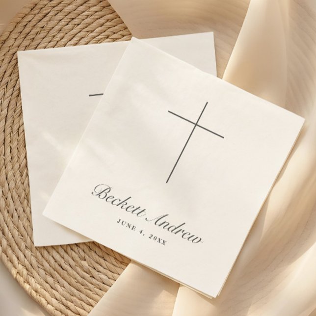 Simple Cross Script Baptism Napkins (Simple Black and White Cross Script Baptism, Christening or First Holy Communion Napkins.)