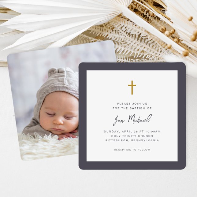 Simple Cross Script Lettering Photo Baptism Invitation (Creator Uploaded)
