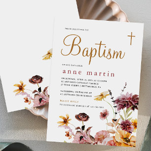 Simple Cross Wildflower Floral Girl's Baptism Invitation