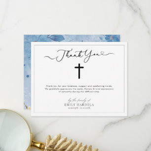 Simple Cross with Blue Floral Funeral Thanks Card