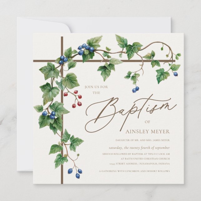 Simple Cross With Grapevine Greenery Baptism Invitation (Front)