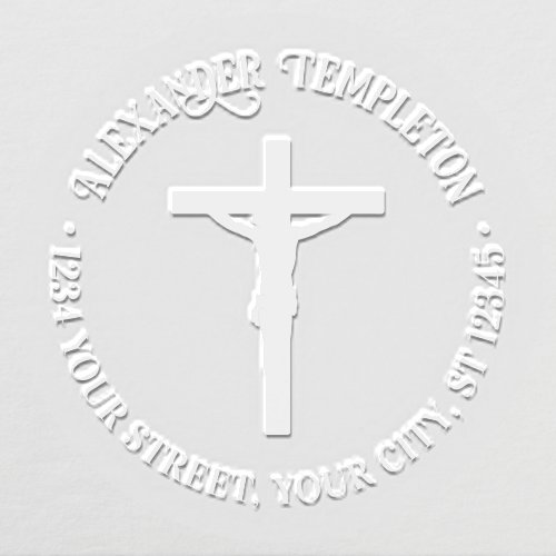 Simple Crucifixion Cross Name Return Address Round Embosser