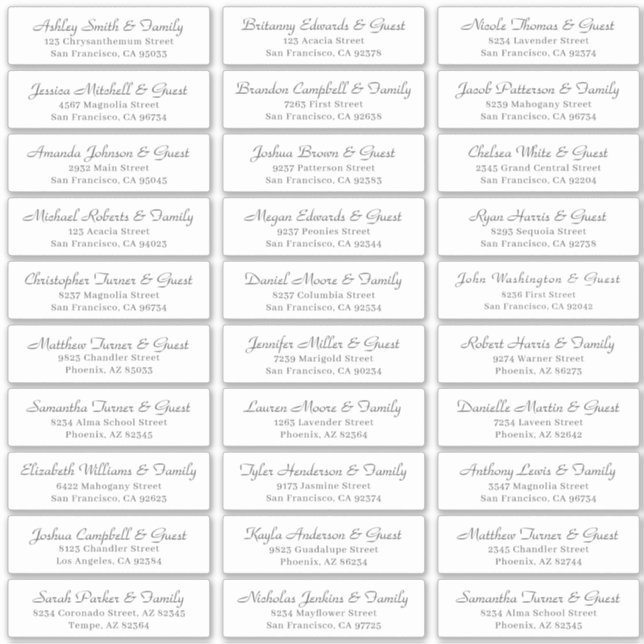 Simple Cursive Script Wedding Guest Names Address Sticker (Front)