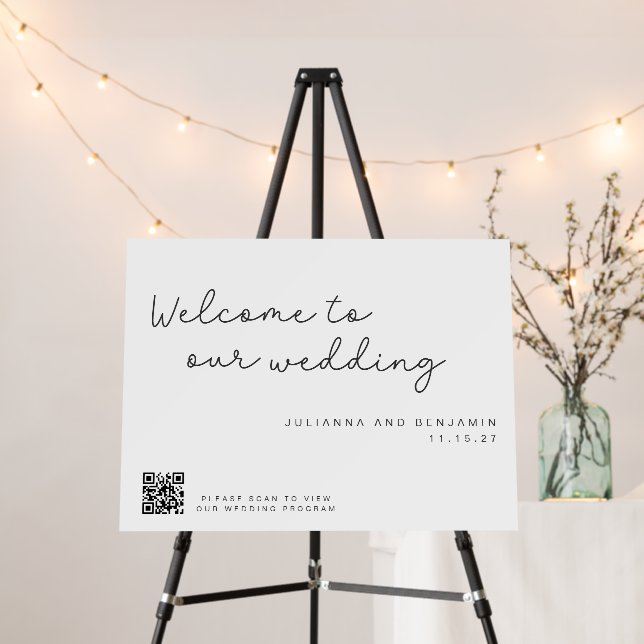 Simple Cursive Script Wedding Welcome Program QR  Foam Board (In Situ (Stand))