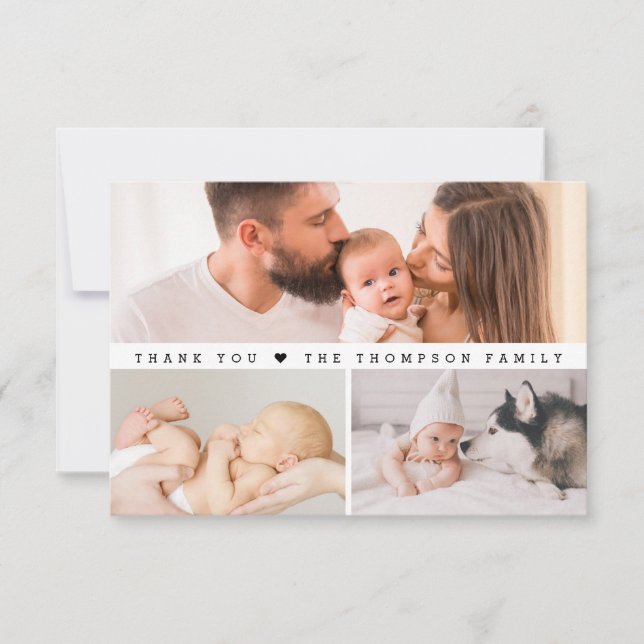 Simple Custom 3 Photos Collage Baby Shower Thank You Card (Front)