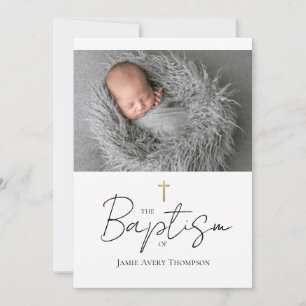 Simple Custom Baby Photo Baptism Gold cross Invitation