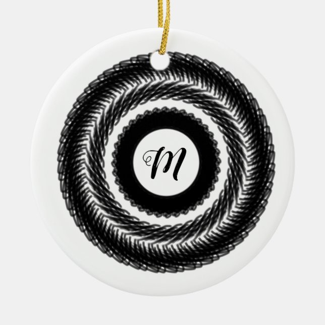 simple custom BLACK mandala monogram add your name Ceramic Ornament (Front)