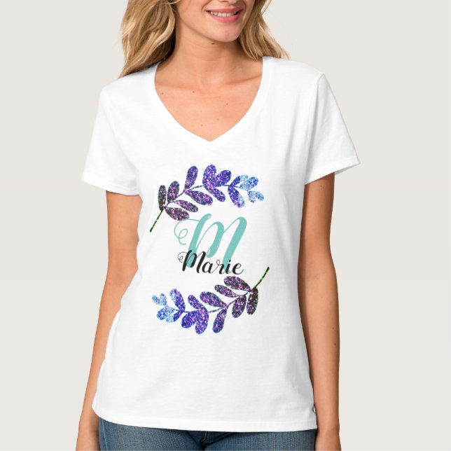 simple custom blue purple black leaves add your  t T-Shirt (Front)
