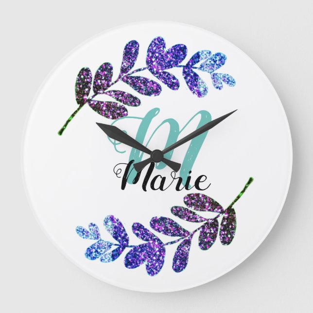 simple custom blue purple black leaves add your te large clock (Front)