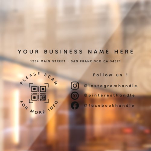 Simple Custom Business Name Address QR Social  Window Cling
