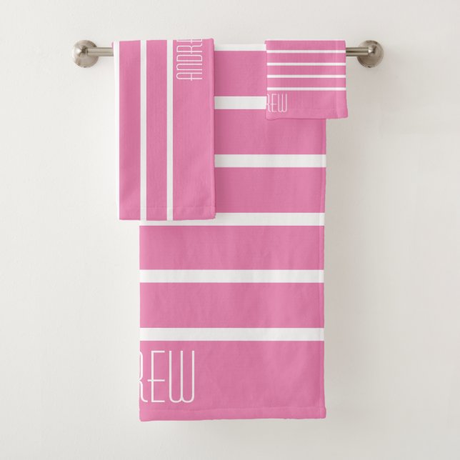 Simple Custom Chic Pink Nautical Striped Weekend Bath Towel Set (Insitu)