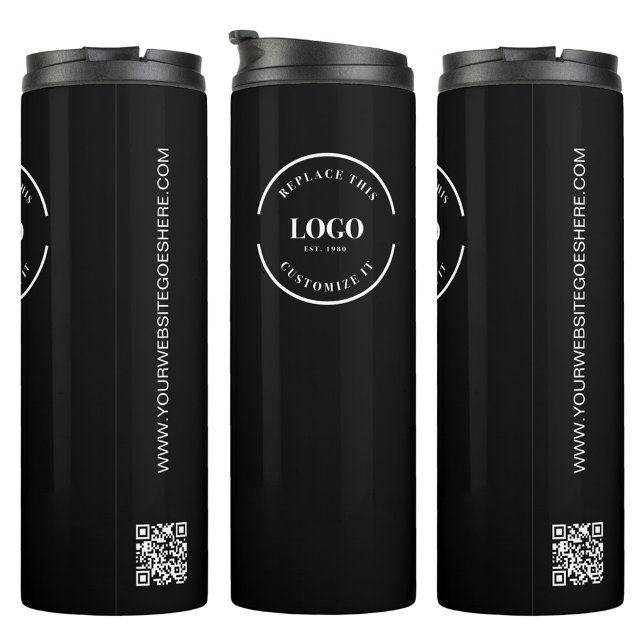 Simple Custom Company Logo QR code website Thermal Tumbler (Business Black and white thermal tumbler with customizable logo, website and QR code.)