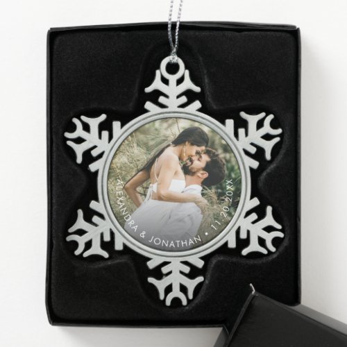 Simple Custom Couple Photo and date Personalized Snowflake Pewter Christmas Ornament