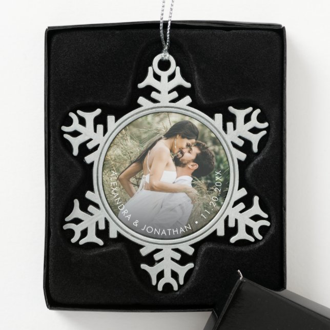 Simple Custom Couple Photo and date Personalized Snowflake Pewter Christmas Ornament (Box)