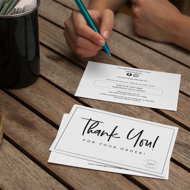 Simple Custom Coupon code Business Logo  Thank You Card (Thank you for your order. SImple black and white cards with coupon code and social media and website)