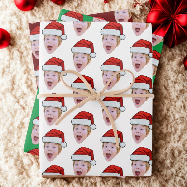 Simple Custom Face Photo Santa Claus Hat Christmas Wrapping Paper Sheets (Creator Uploaded)