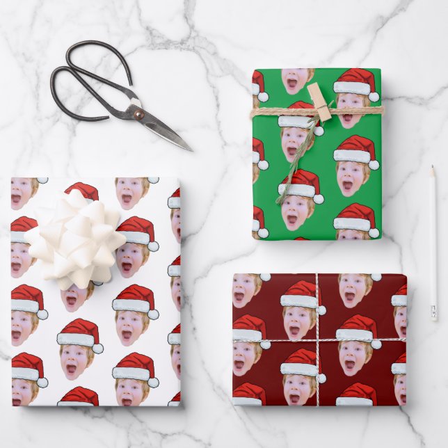 Simple Custom Face Photo Santa Claus Hat Christmas Wrapping Paper Sheets (Front)