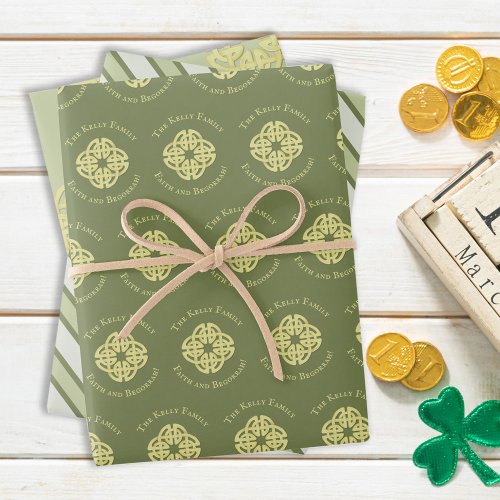 Simple Custom Family Celtic Cross Minimalist Green Wrapping Paper Sheets
