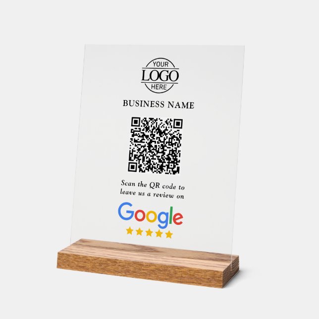 Simple Custom Google Reviews QR Code Business Logo Acrylic Sign (Angle)