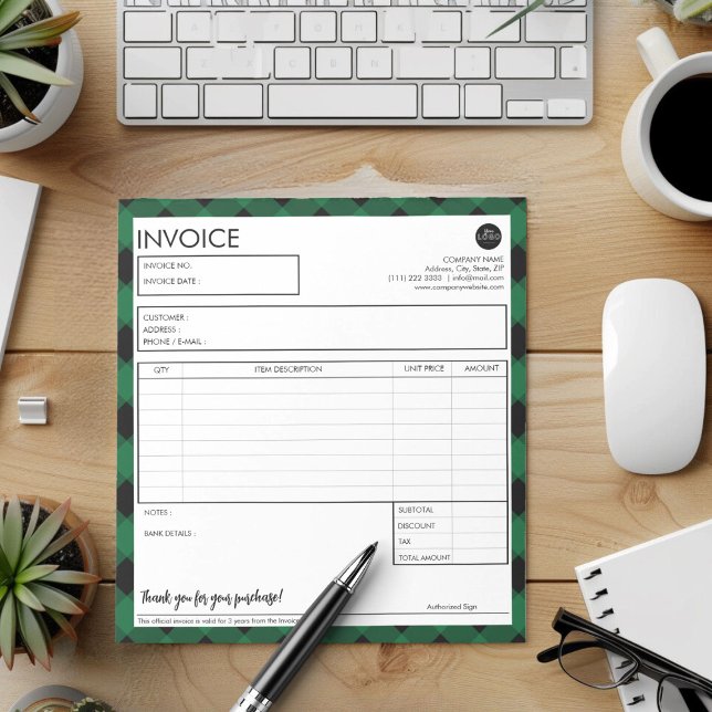 Simple Custom Green Plaid Border Invoice Template Notepad (Simple Green Plaid Border Business Invoice Template)