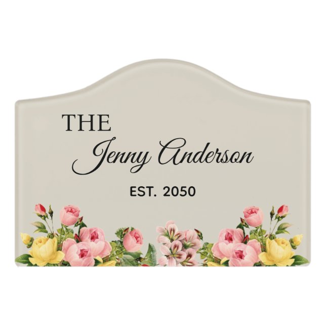 Simple Custom House Floral Established Year Door Sign (Small Crest Front)
