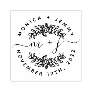 Simple Custom Leaves Initials Script Round Wedding Rubber Stamp