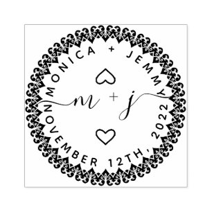 Simple Custom Leaves Initials Script Round Wedding Rubber Stamp