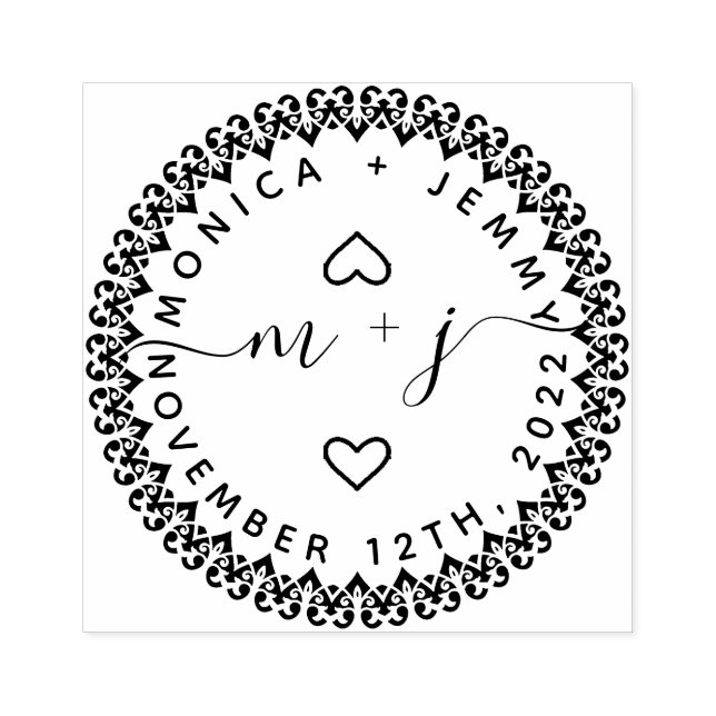Simple Custom Leaves Initials Script Round Wedding Rubber Stamp (Imprint)