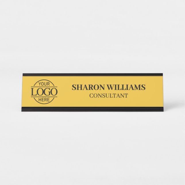 Simple Custom Logo | Professional Elegant Yellow Desk Name Plate (Front)