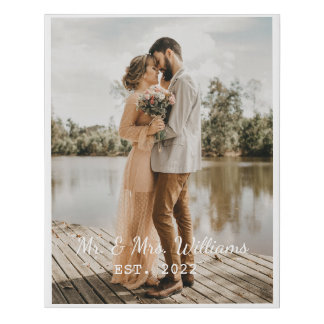 Simple Custom Mr and Mrs Script Wedding Photo Faux Canvas Print