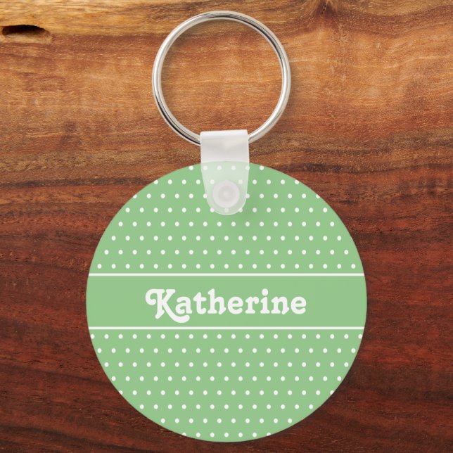 Simple Custom Name Light Green Polka Dot Keychain (Back)