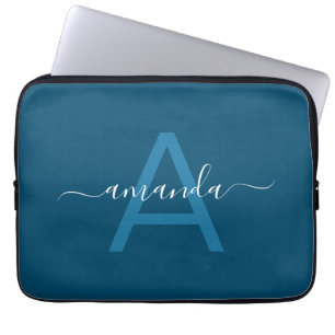 Simple Custom Name & Monogrammed Blue Personalized Laptop Sleeve