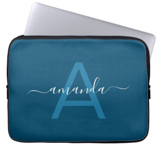 Simple Custom Name & Monogrammed Blue Personalized Laptop Sleeve