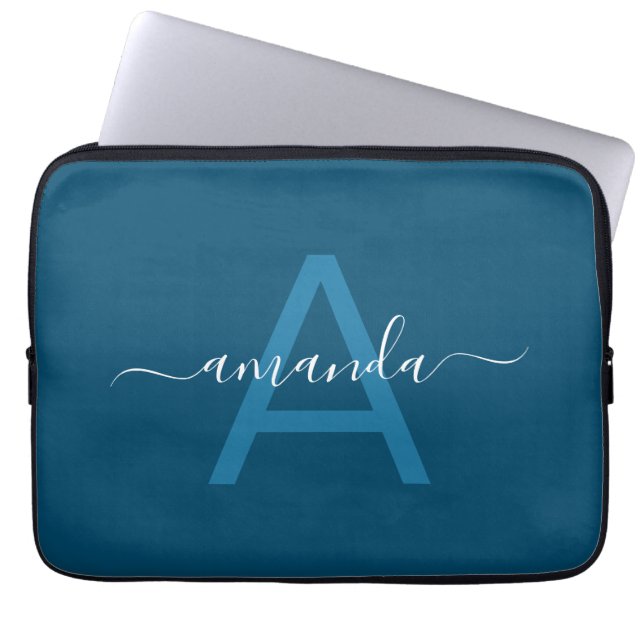 Simple Custom Name & Monogrammed Blue Personalized Laptop Sleeve (Front)