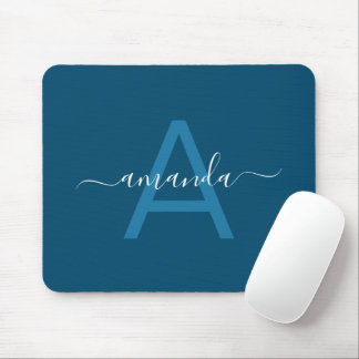 Simple Custom Name & Monogrammed Blue Personalized Mouse Pad