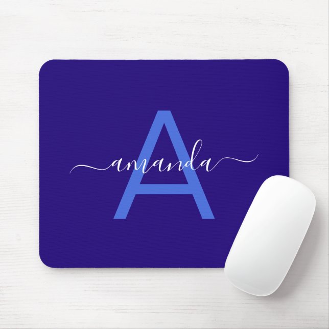 Simple Custom Name & Monogrammed Blue Personalized Mouse Pad (With Mouse)