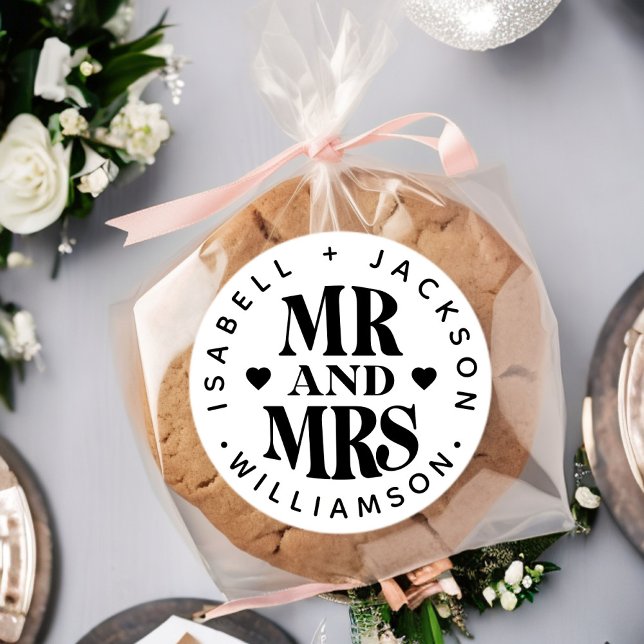 Simple Custom Name Mr Mrs Wedding Heart Favor Classic Round Sticker (Creator Uploaded)