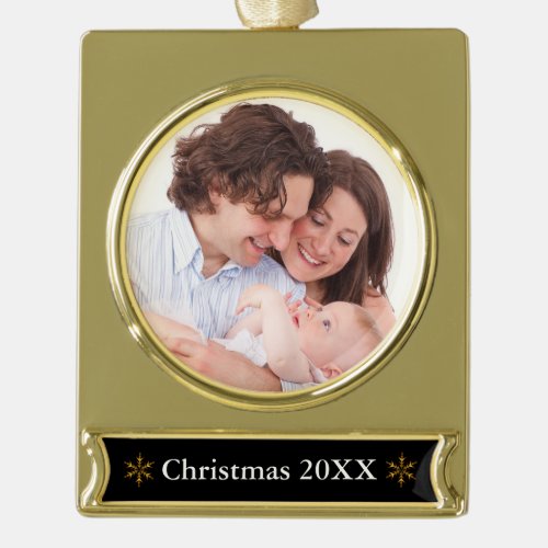 Simple Custom Photo and Text Gold Plated Banner Ornament