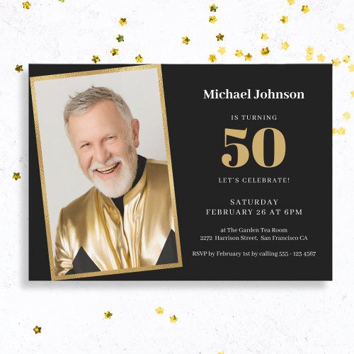 Simple Custom Photo Black Gold 50th Birthday Party Invitation