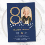 Simple Custom Photo Gold Navy Blue 80th Birthday Invitation<br><div class="desc">Simple Custom Photo Gold Navy Blue 80th Birthday Invitation. Elevate your milestone celebration with an invitation design that epitomizes understated elegance and chic minimalism. Our navy blue and gold theme exudes sophistication, creating a refined atmosphere for your special day. The custom photo feature adds a personalized touch, ensuring that each...</div>